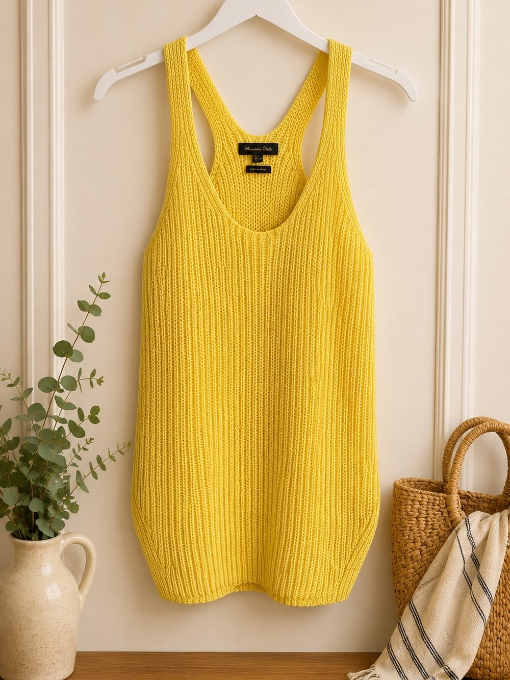 Massimo Dutti Neon Yellow Open Knit Racerback Tank Top Small Made in Italy